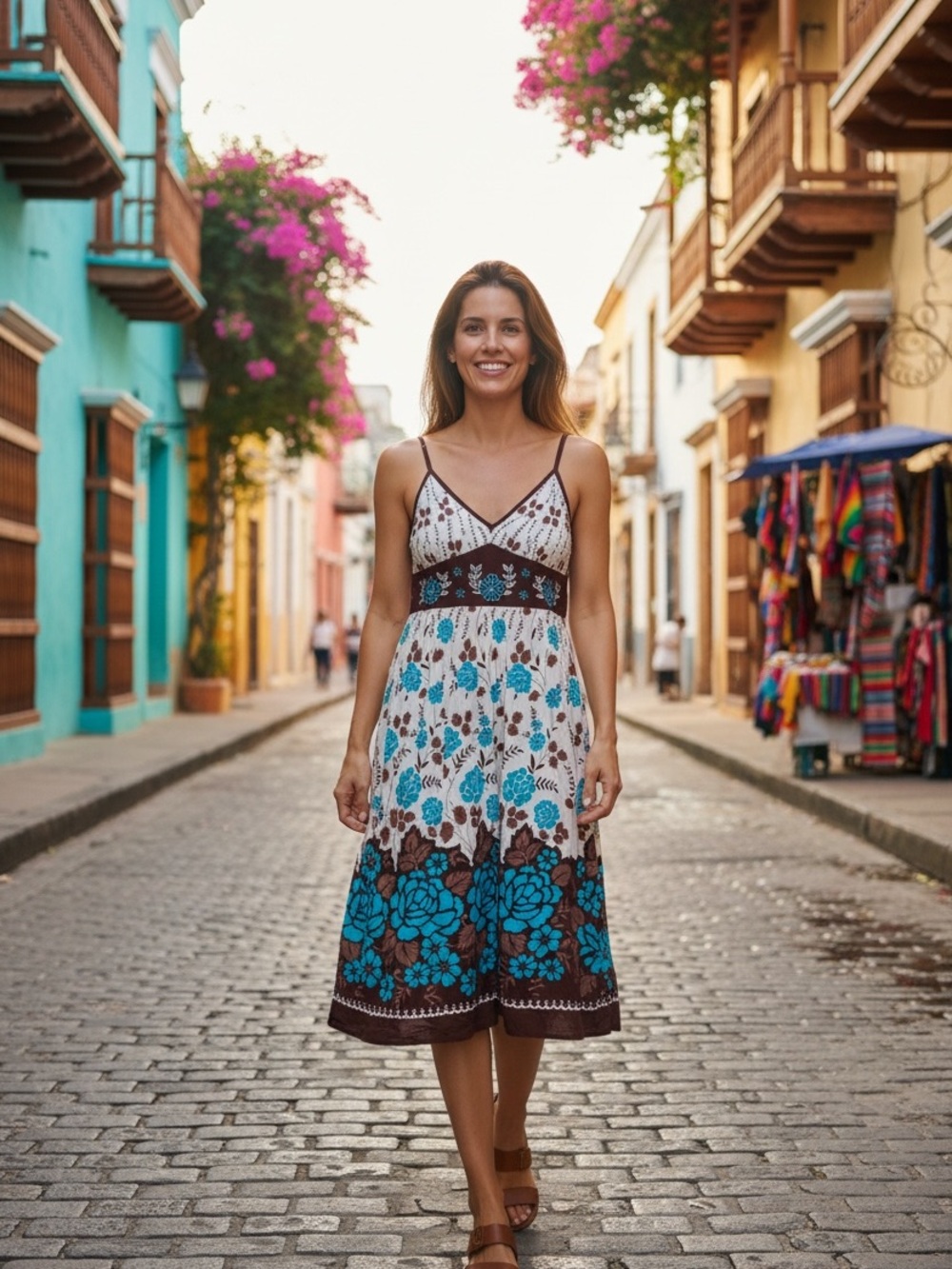 Magic Floral Spaghetti Strap Dress in Teal, Brown & Cream